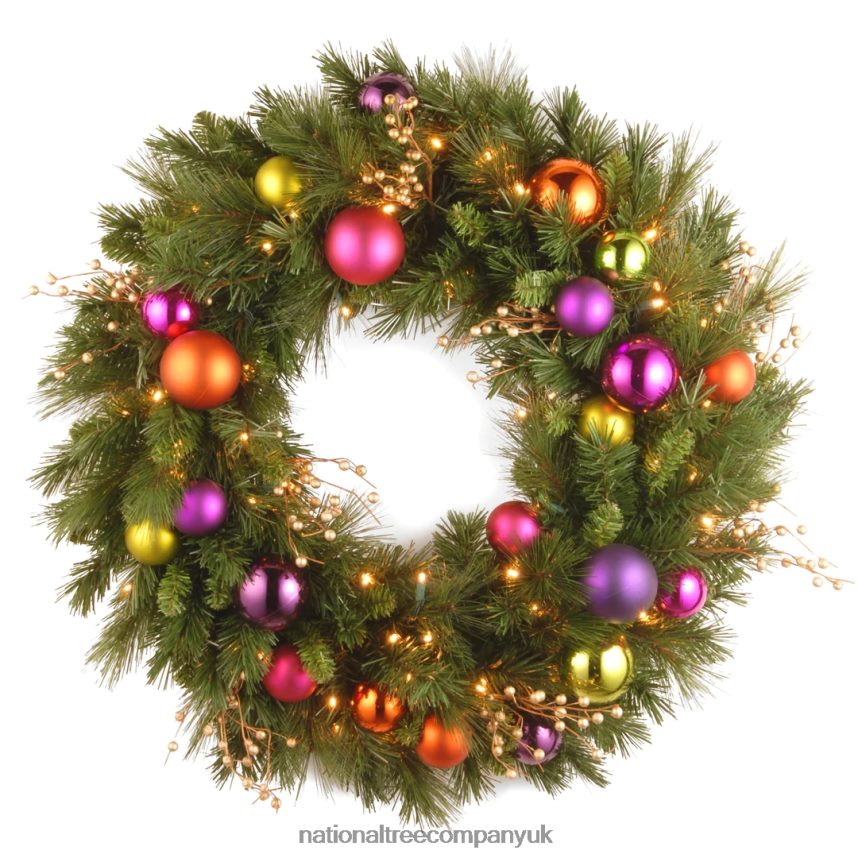 Greenery | National Tree Company Pre-Lit Artificial Christmas Wreath Green Kaleidoscope White Lights Decorated with Berry Clusters Ball Ornaments Christmas Collection 30 Inches F2L4F272